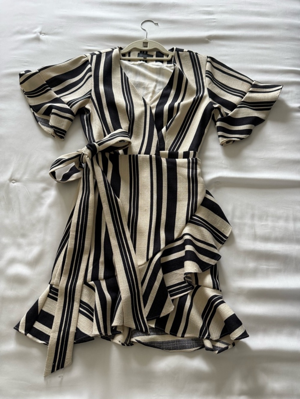 MAJORELLE Black and Cream Striped Wrap Mini Dress